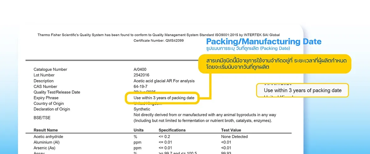 Packing/Manufacturing Date อายุการใช้งานนับจากวันที่บรรจุหรือผลิต