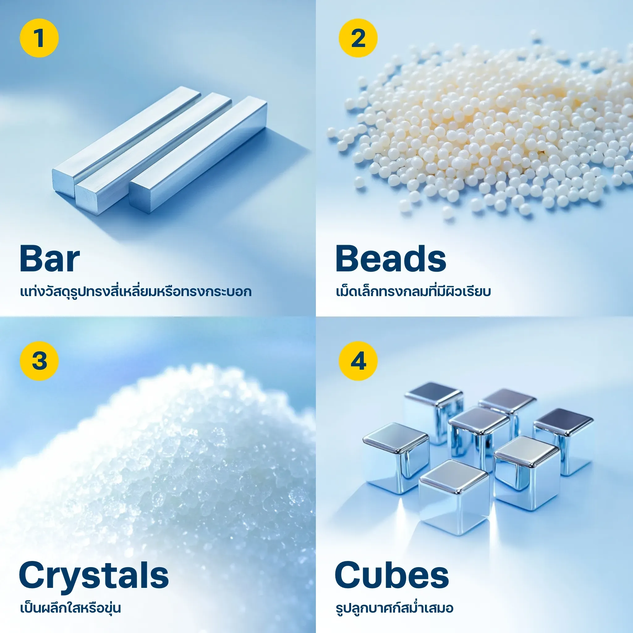 Physical Form รูปแบบ Bar, Beads, Crystals และ Cubes